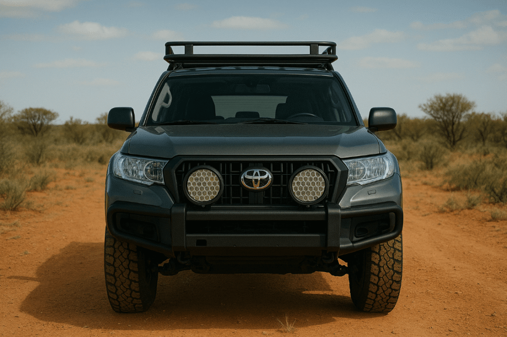 Off-road 4WD vehicle equipped with advanced suspension, high-traction tyres, and LED lights navigating rugged terrain to highlight the benefits of upgraded off-road equipment for performance, safety, and comfort.