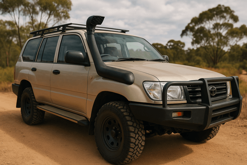 4WD vehicle driving through deep water with snorkel installed for engine protection